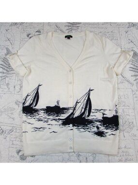Talbots White 100 % Cotton Sailboat Nautical Short Slv knit top coastal womens s
